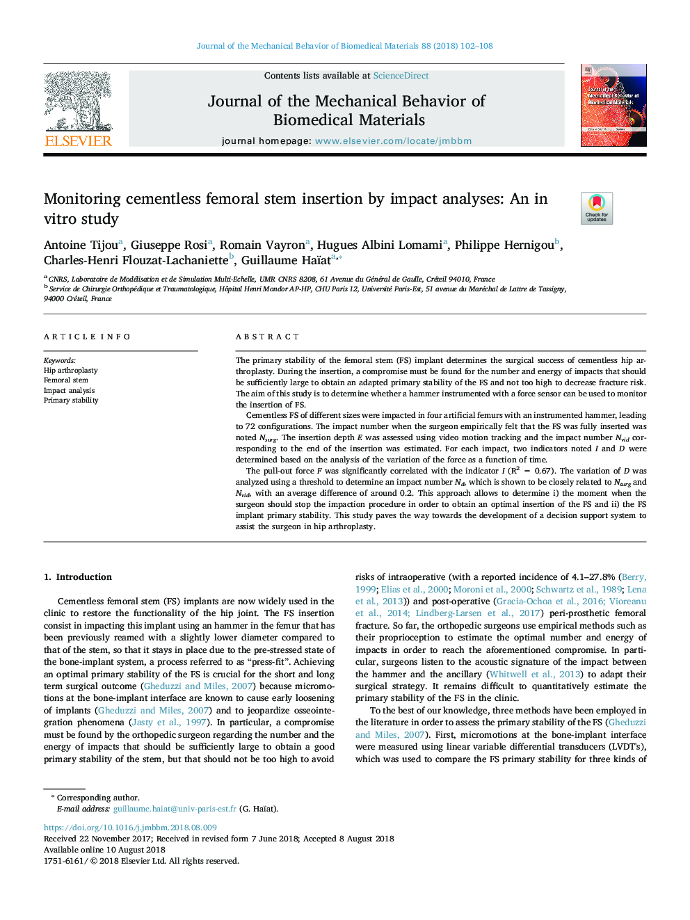 Monitoring cementless femoral stem insertion by impact analyses: An in vitro study