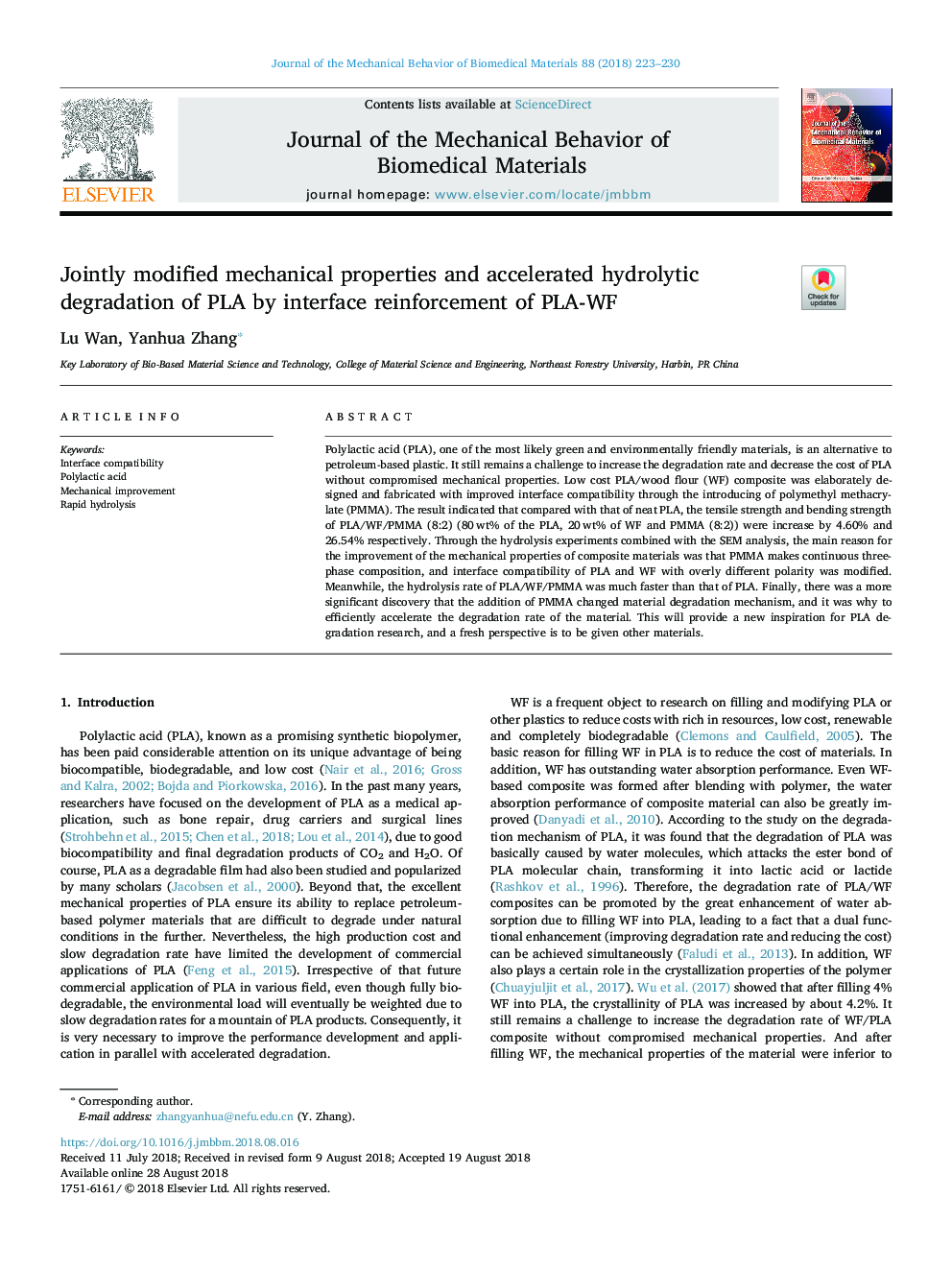 Jointly modified mechanical properties and accelerated hydrolytic degradation of PLA by interface reinforcement of PLA-WF