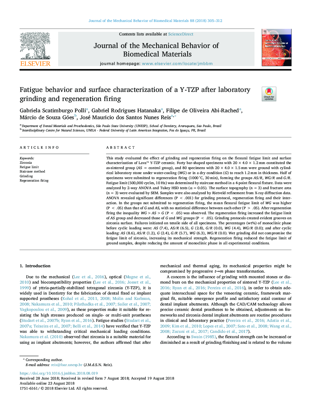 Fatigue behavior and surface characterization of a Y-TZP after laboratory grinding and regeneration firing