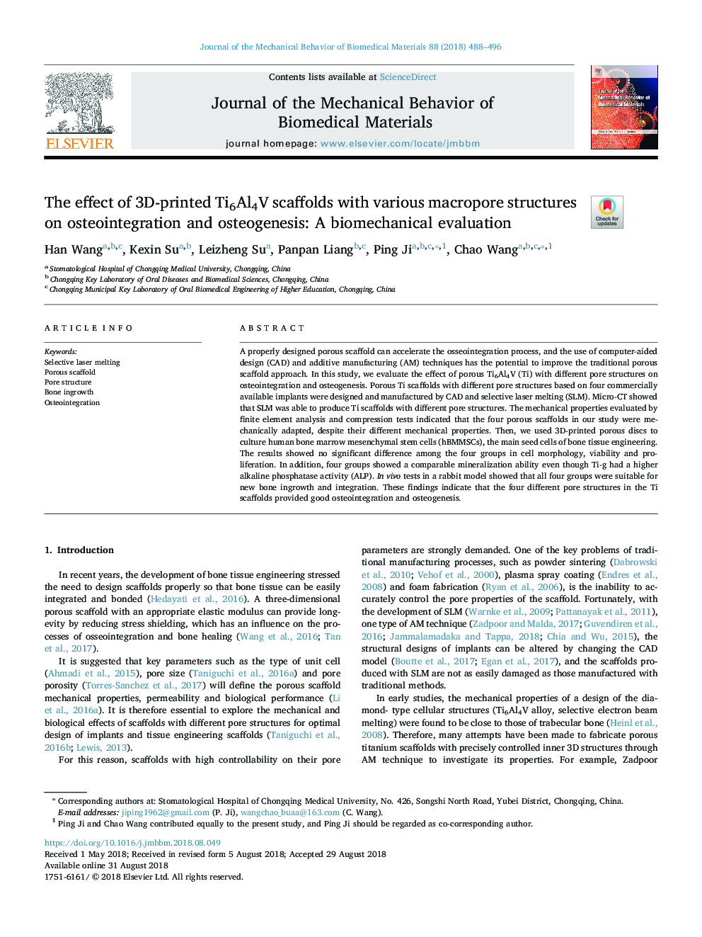 The effect of 3D-printed Ti6Al4V scaffolds with various macropore structures on osteointegration and osteogenesis: A biomechanical evaluation