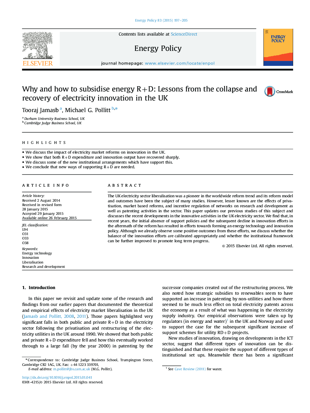 Why and how to subsidise energy R+D: Lessons from the collapse and recovery of electricity innovation in the UK