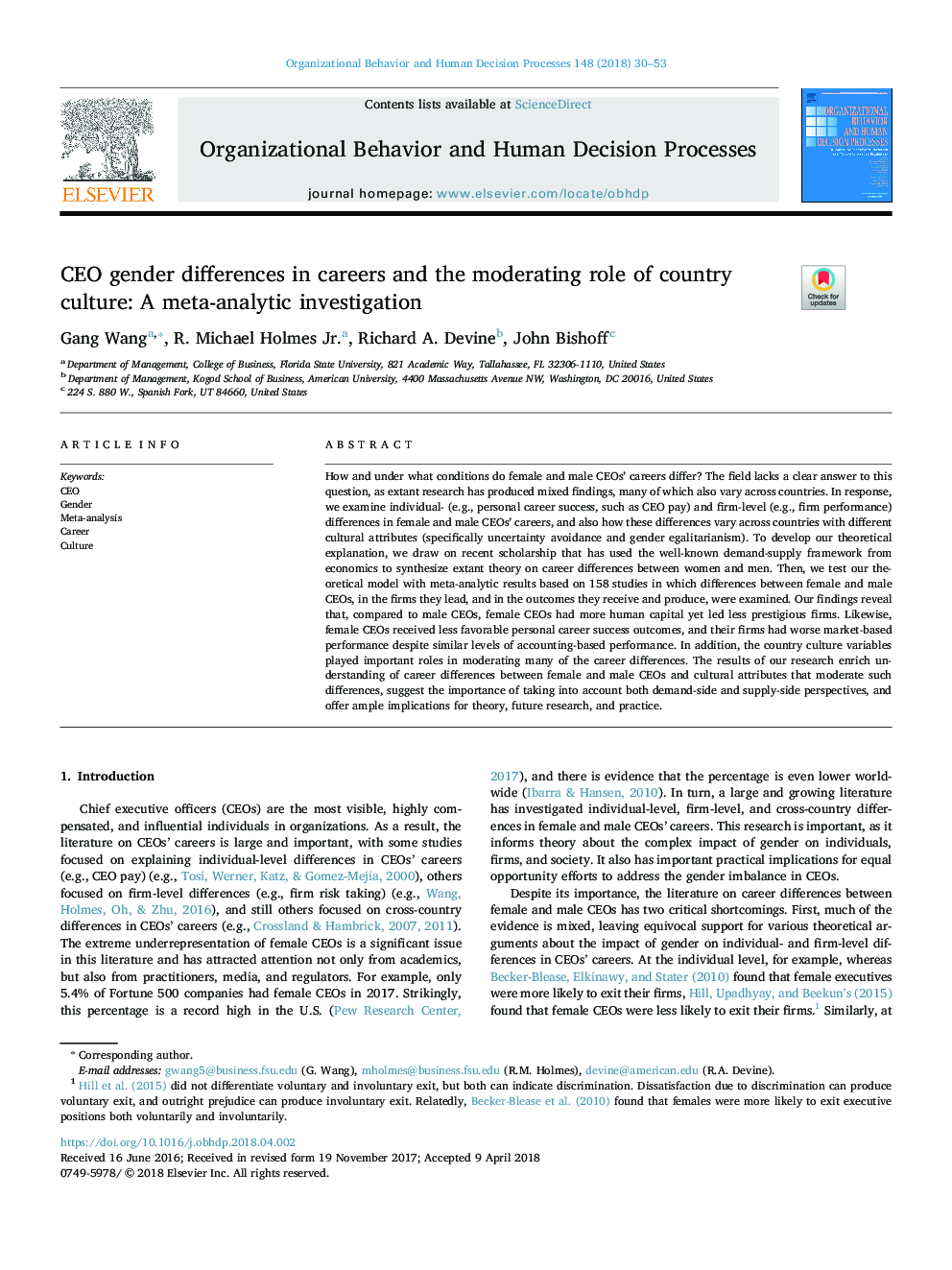 CEO gender differences in careers and the moderating role of country culture: A meta-analytic investigation