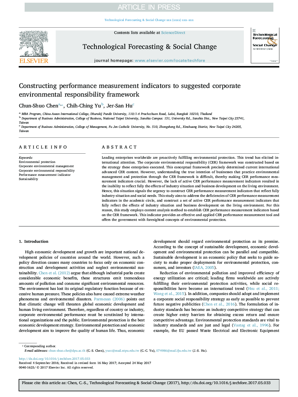 Constructing performance measurement indicators to suggested corporate environmental responsibility framework