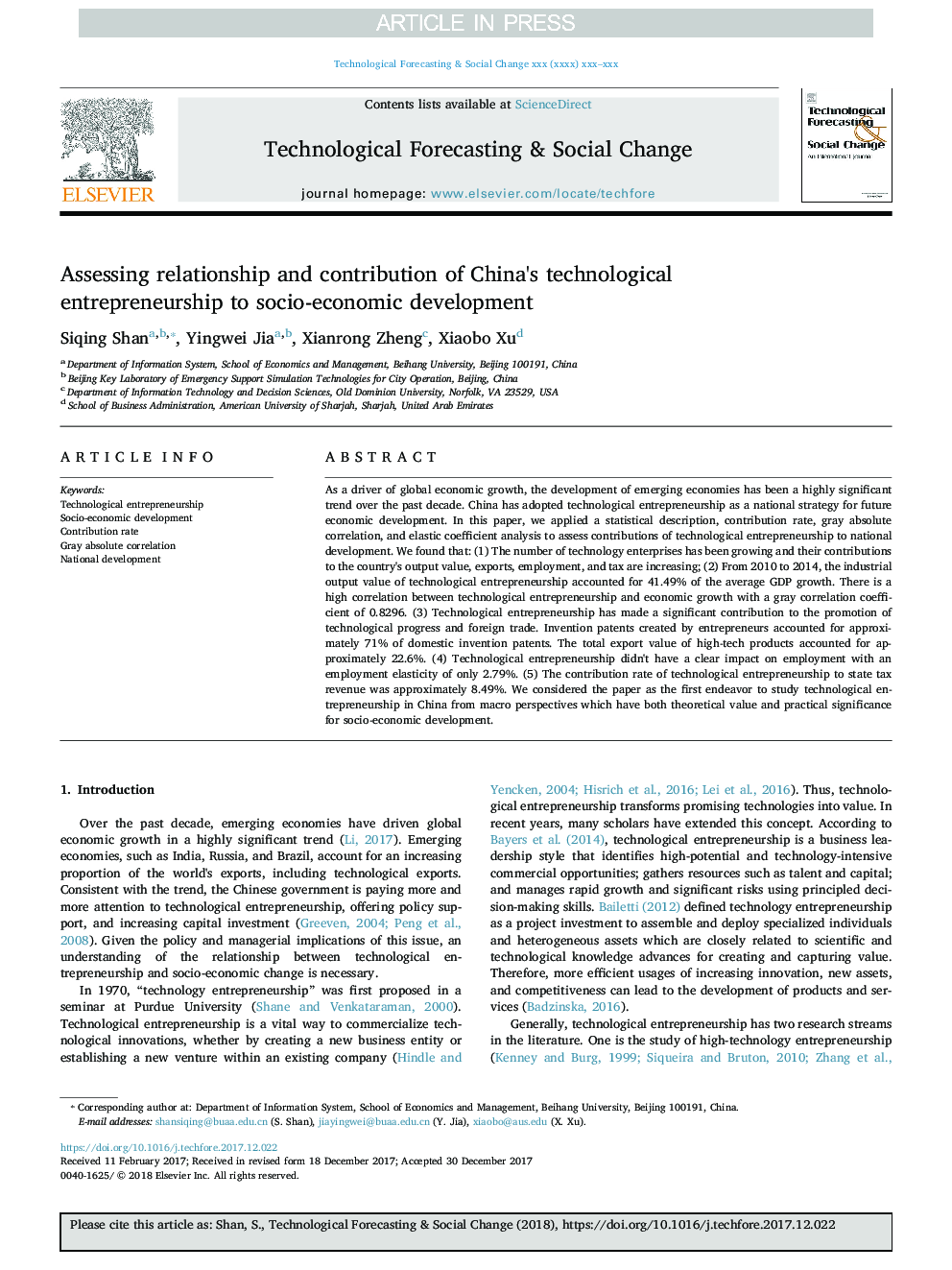 Assessing relationship and contribution of China's technological entrepreneurship to socio-economic development