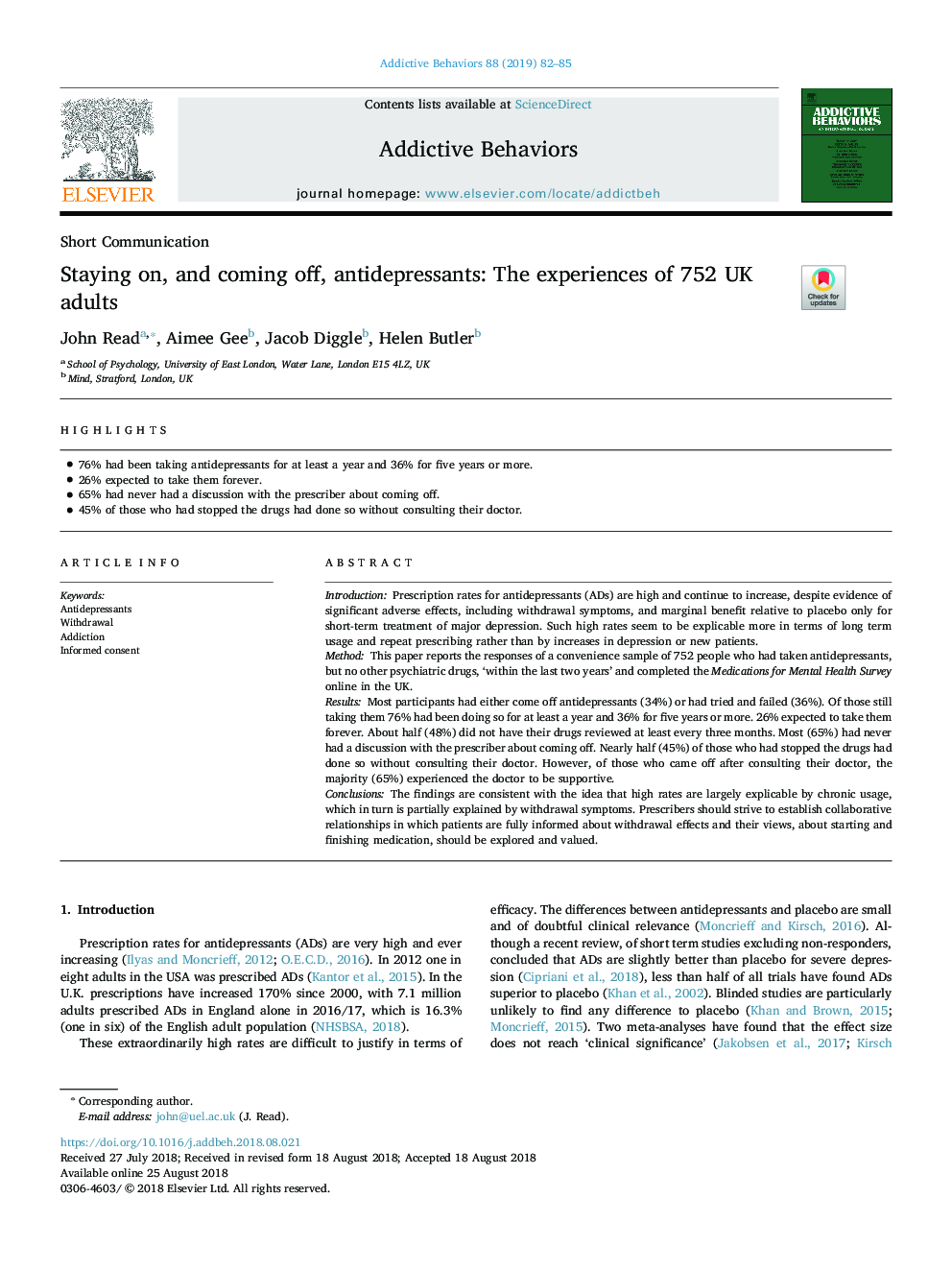 Staying on, and coming off, antidepressants: The experiences of 752 UK adults