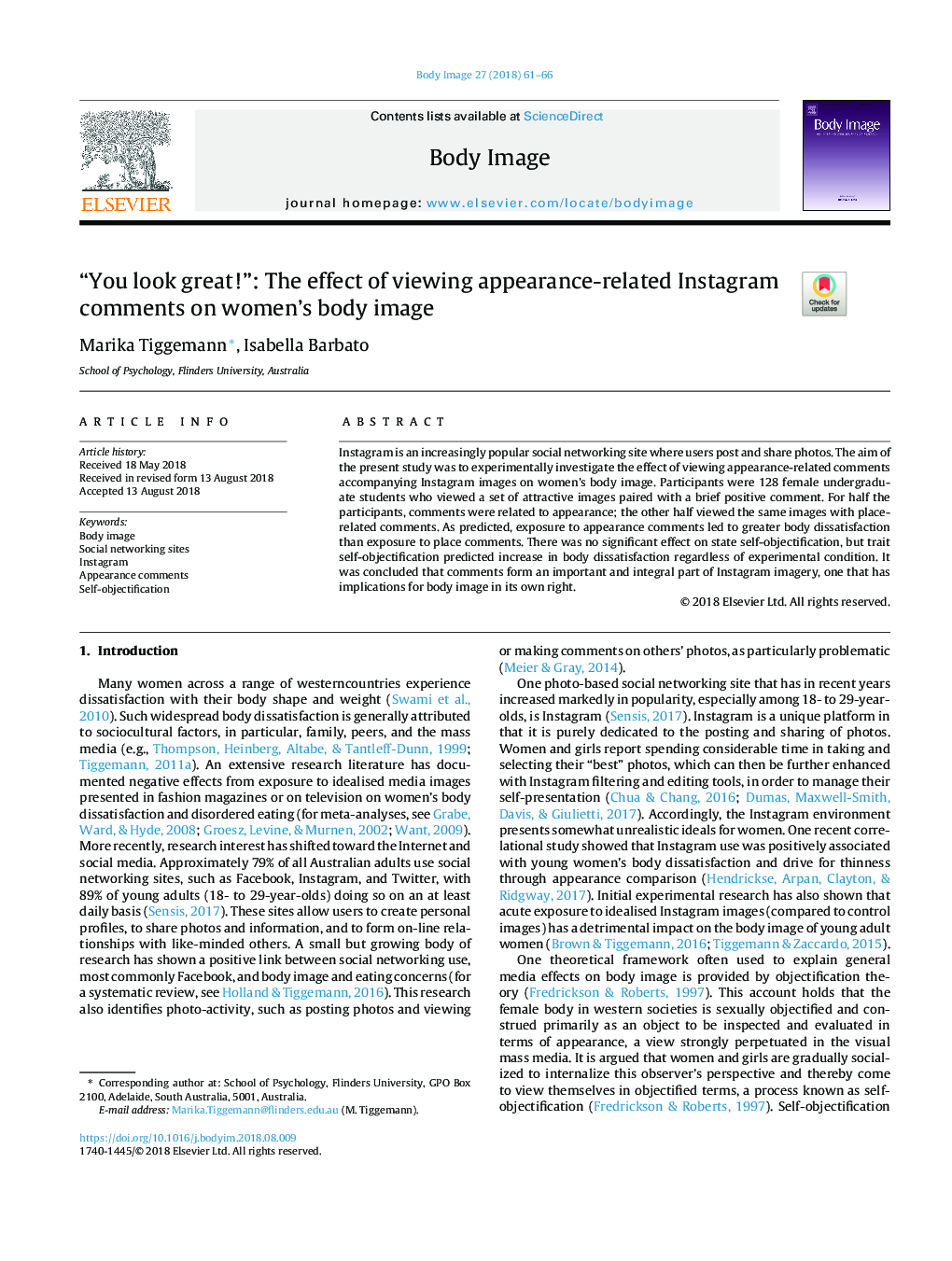 “You look great!”: The effect of viewing appearance-related Instagram comments on women's body image