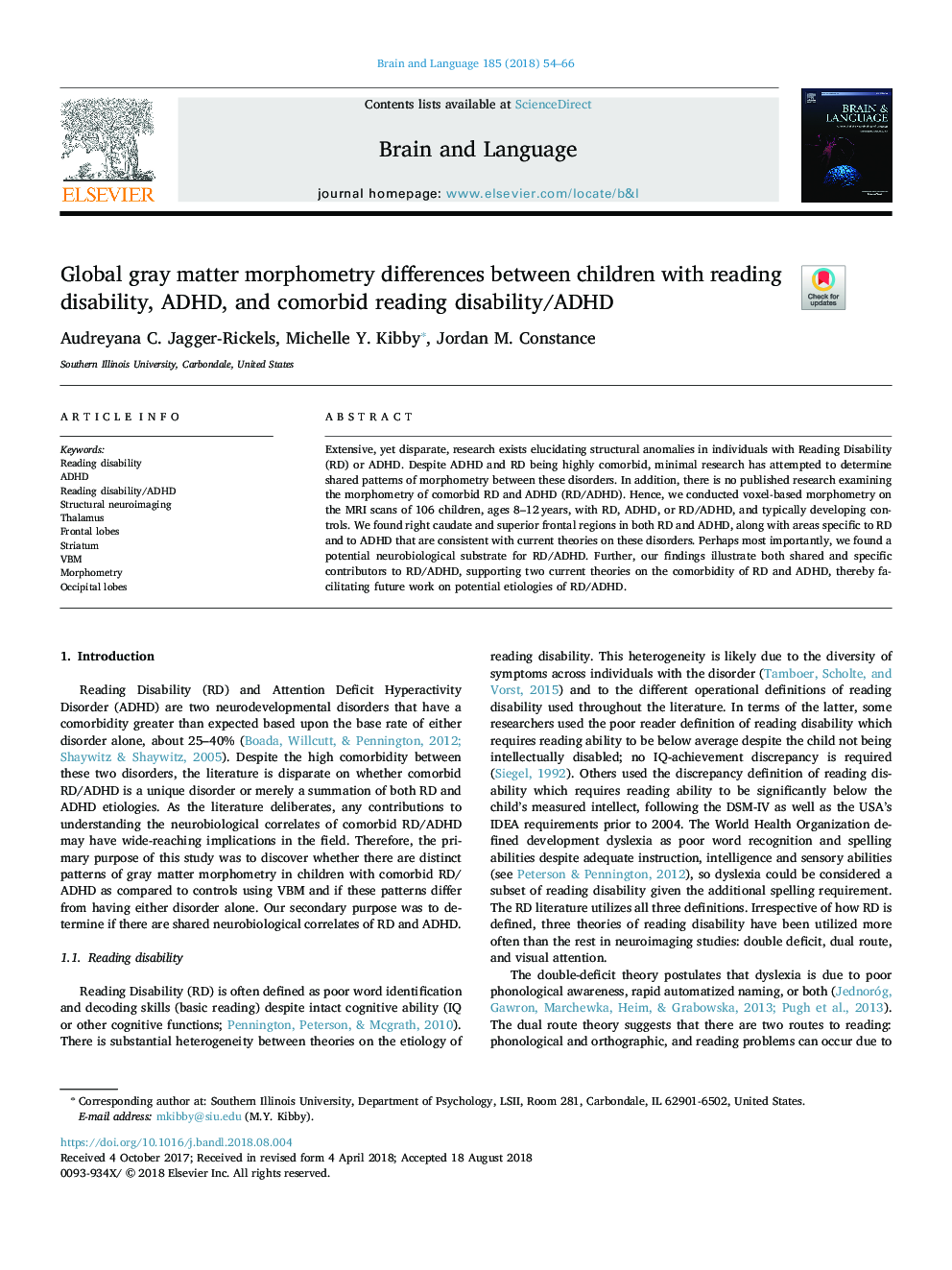 Global gray matter morphometry differences between children with reading disability, ADHD, and comorbid reading disability/ADHD