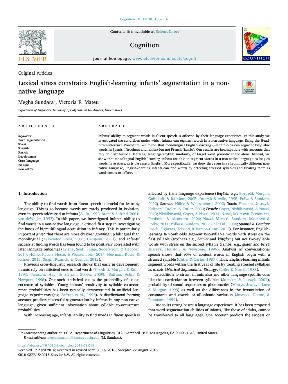 Lexical stress constrains English-learning infants' segmentation in a non-native language