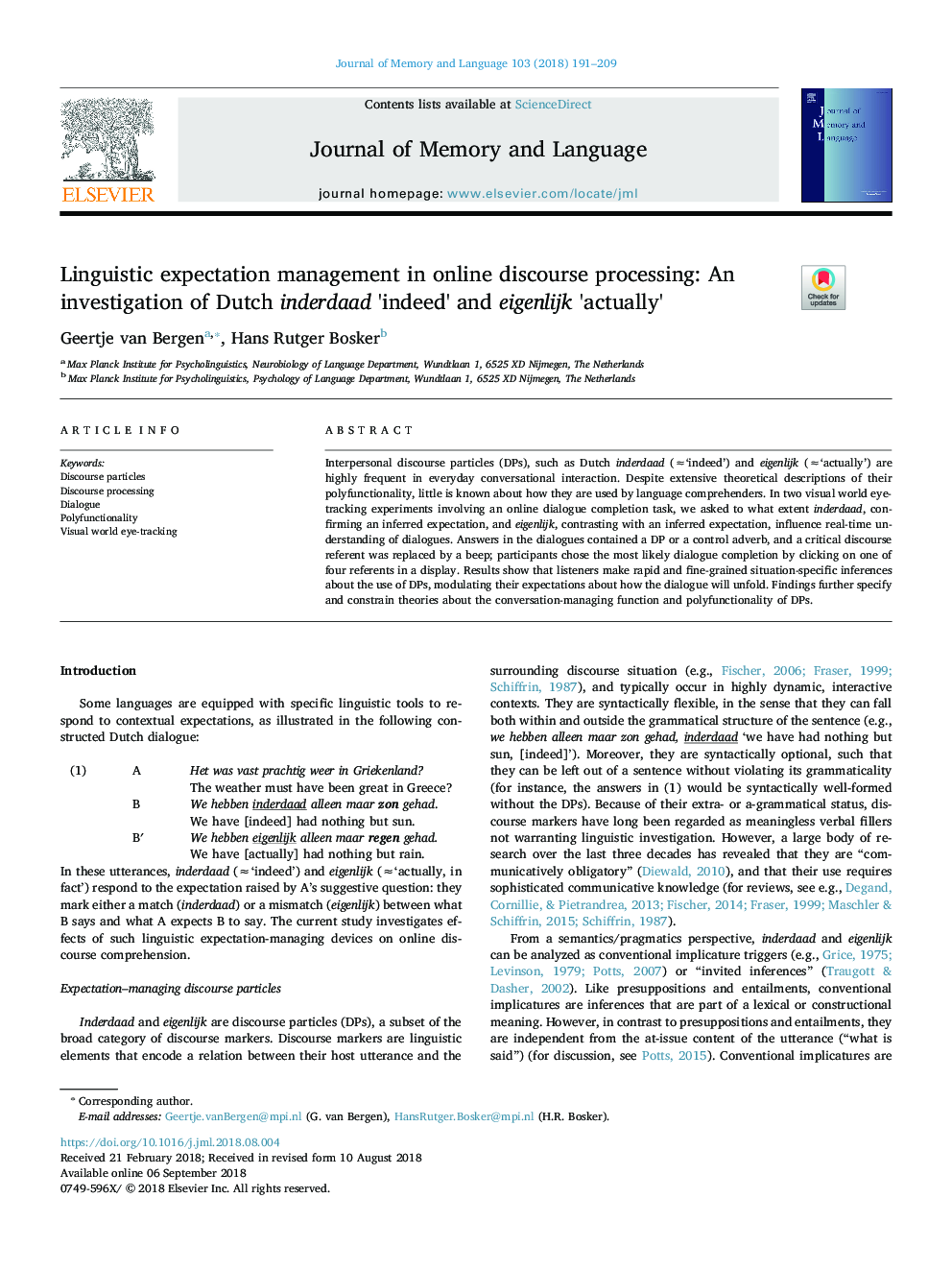 Linguistic expectation management in online discourse processing: An investigation of Dutch inderdaad 'indeed' and eigenlijk 'actually'