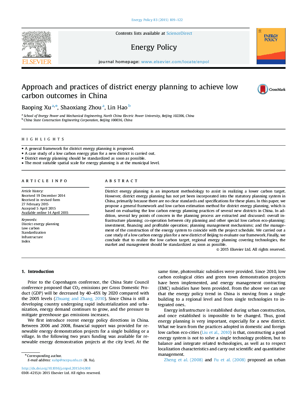 Approach and practices of district energy planning to achieve low carbon outcomes in China