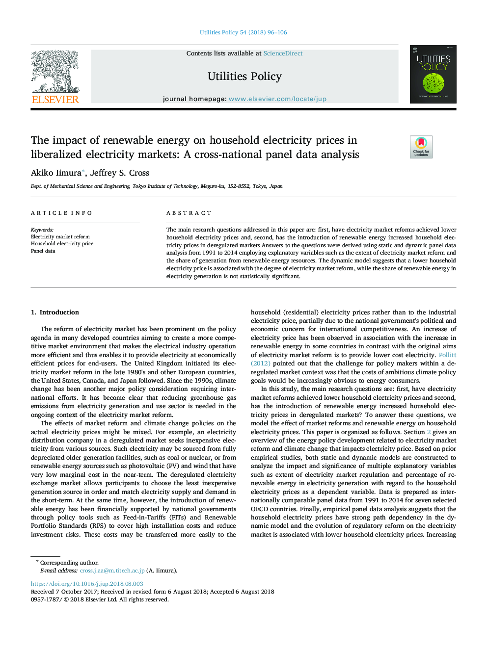 تأثیر انرژی تجدیدپذیر بر قیمت برق خانوارها در بازارهای برق لیبرالیزه شده: تجزیه و تحلیل دادههای پانل بینالمللی