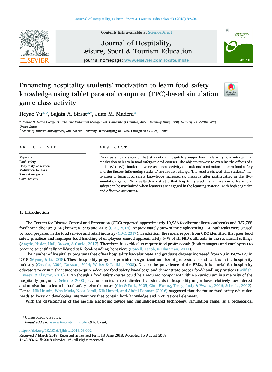 Enhancing hospitality students' motivation to learn food safety knowledge using tablet personal computer (TPC)-based simulation game class activity