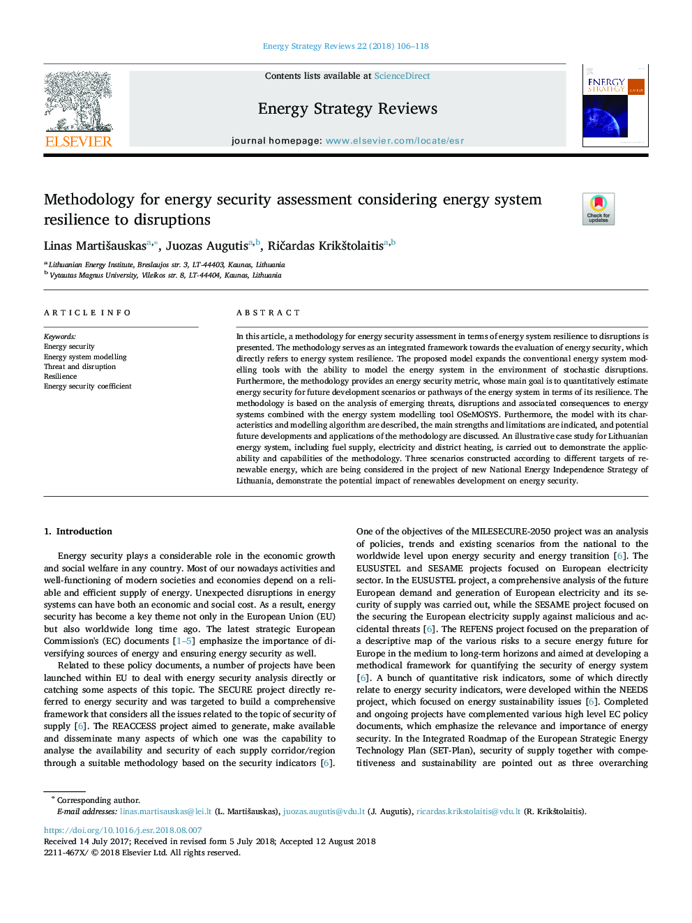 روش شناسی برای ارزیابی امنیت انرژی با توجه به انعطاف پذیری سیستم در برابر اختلالات