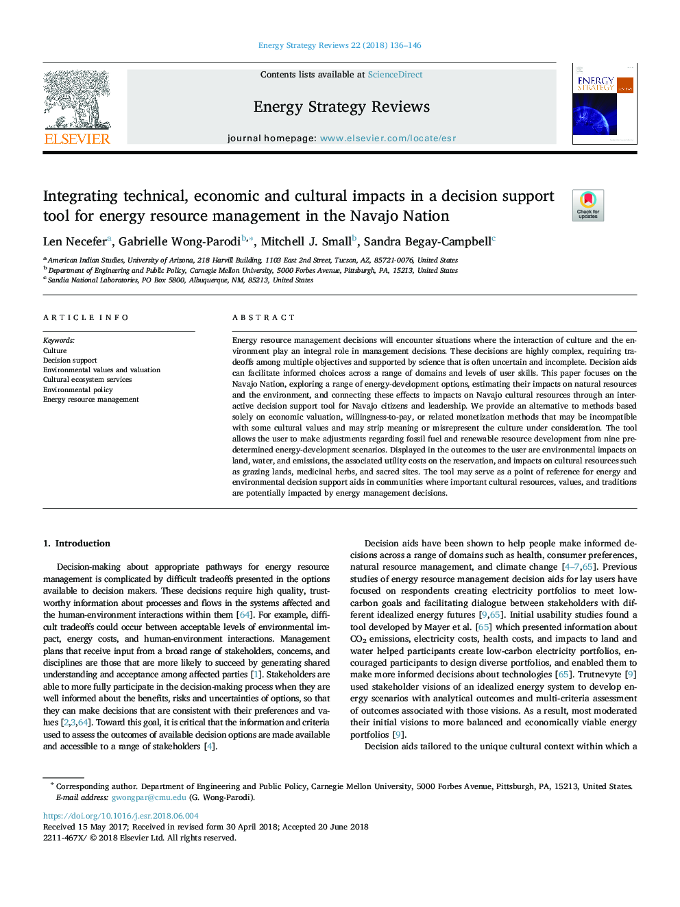 Integrating technical, economic and cultural impacts in a decision support tool for energy resource management in the Navajo Nation