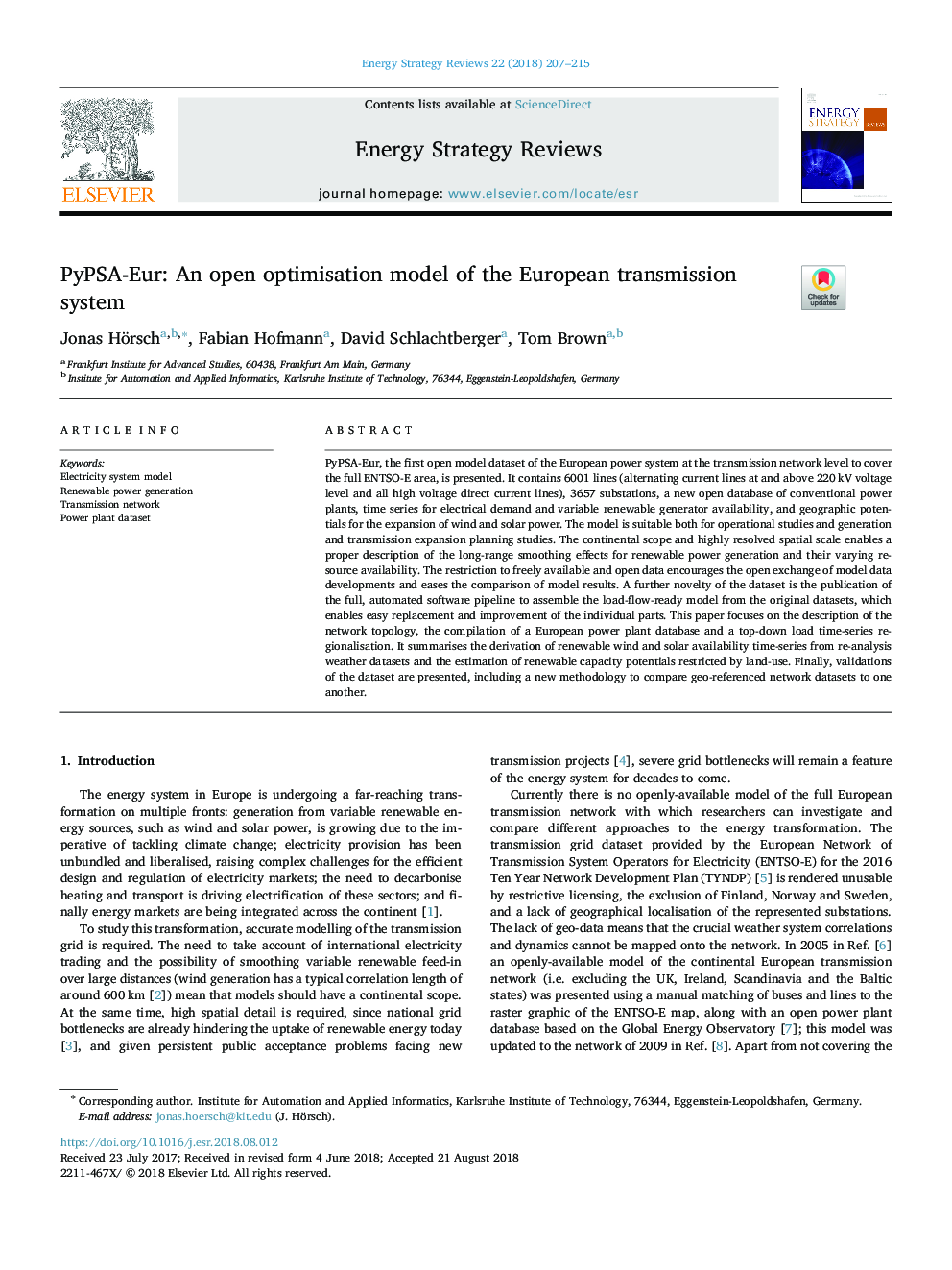 PyPSA-Eur: An open optimisation model of the European transmission system