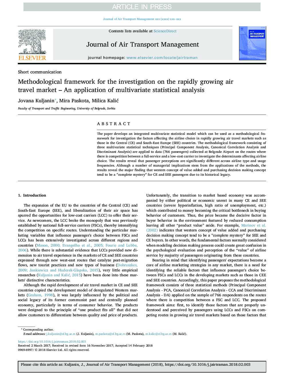 Methodological framework for the investigation on the rapidly growing air travel market - An application of multivariate statistical analysis