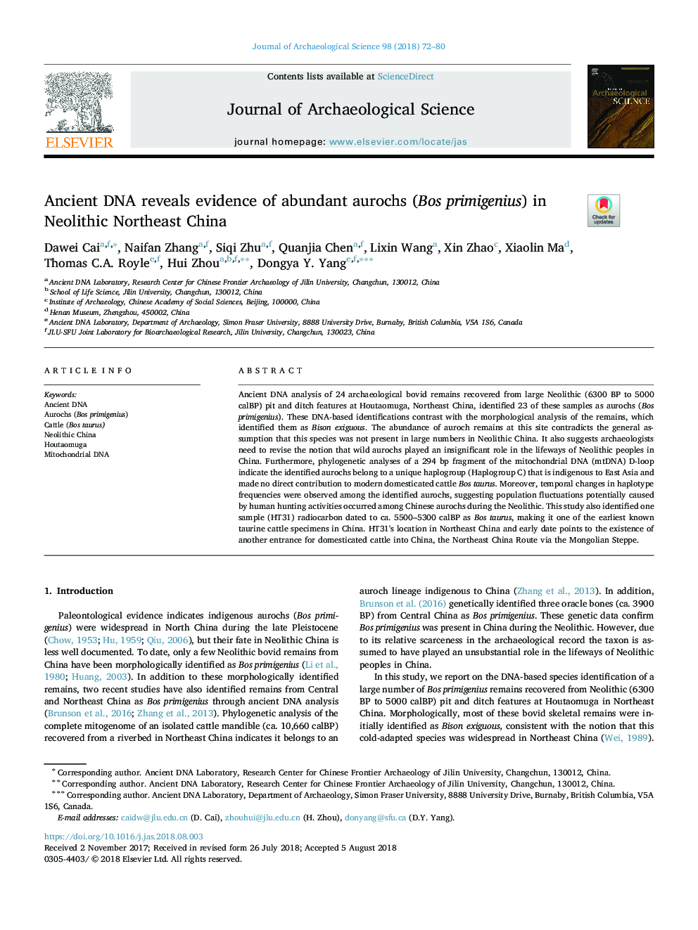 Ancient DNA reveals evidence of abundant aurochs (Bos primigenius) in Neolithic Northeast China