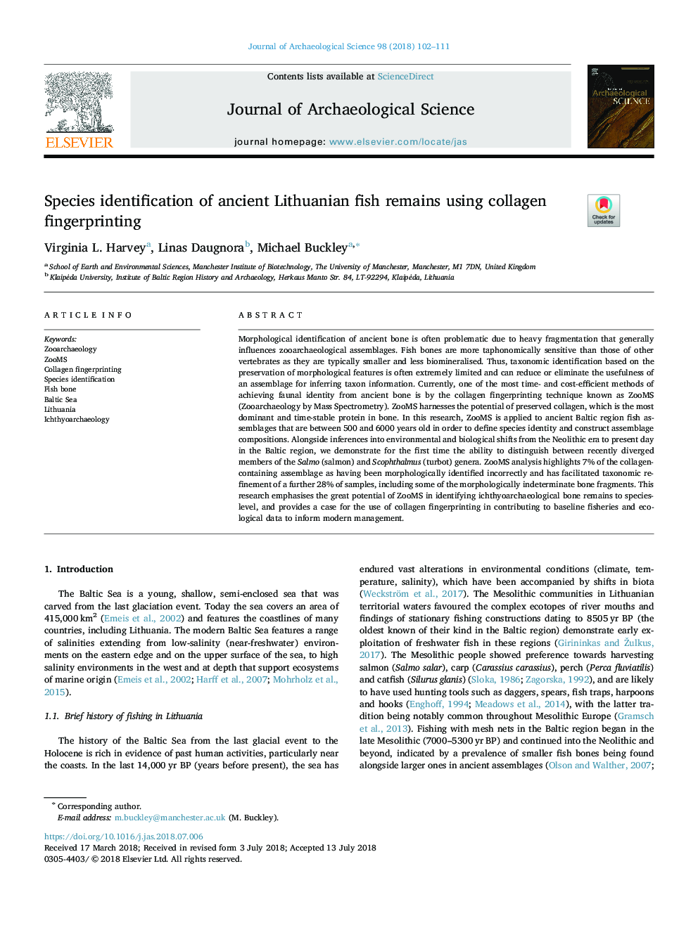 Species identification of ancient Lithuanian fish remains using collagen fingerprinting