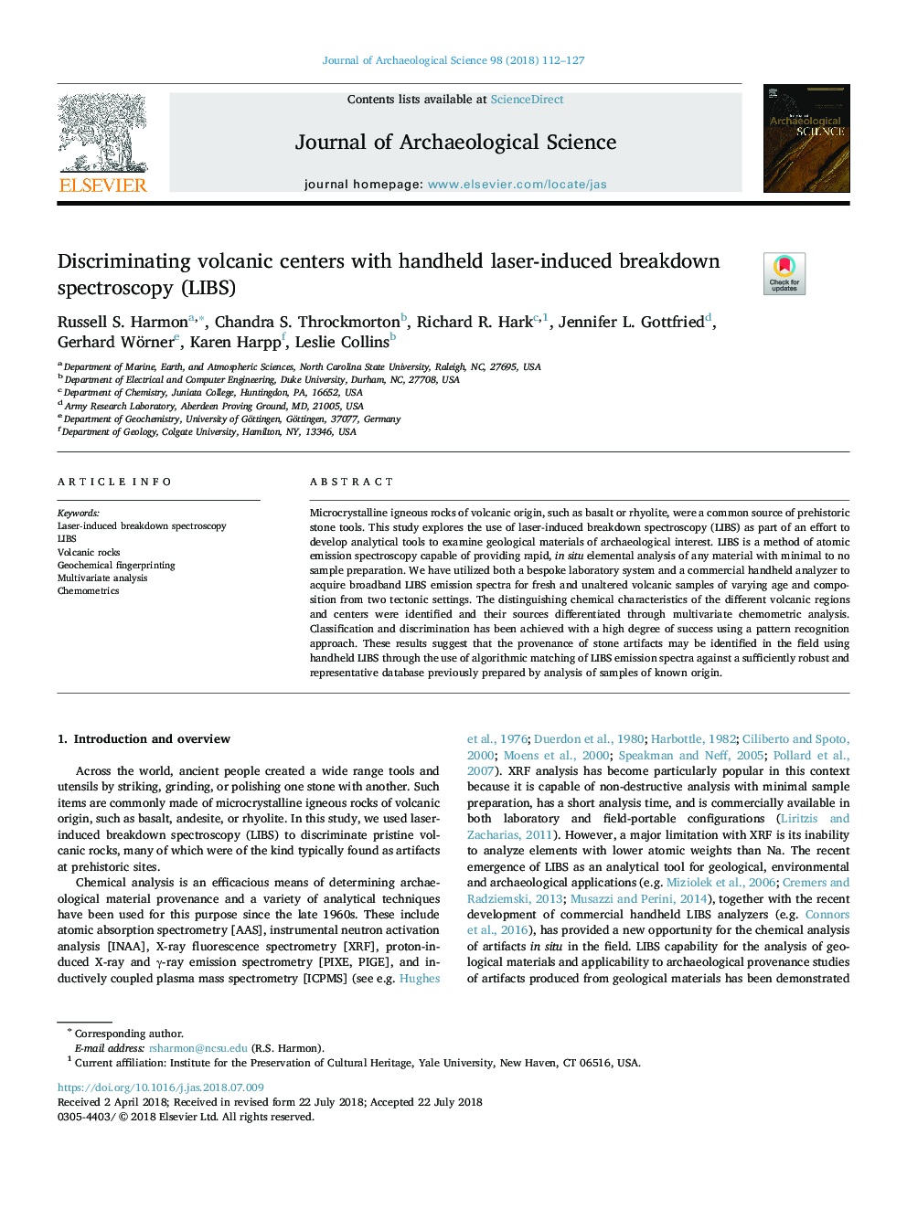 Discriminating volcanic centers with handheld laser-induced breakdown spectroscopy (LIBS)