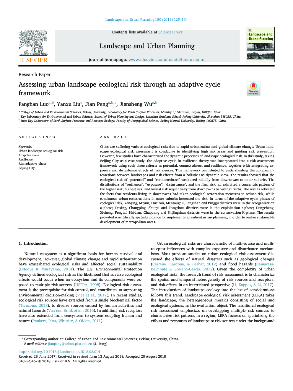 Assessing urban landscape ecological risk through an adaptive cycle framework