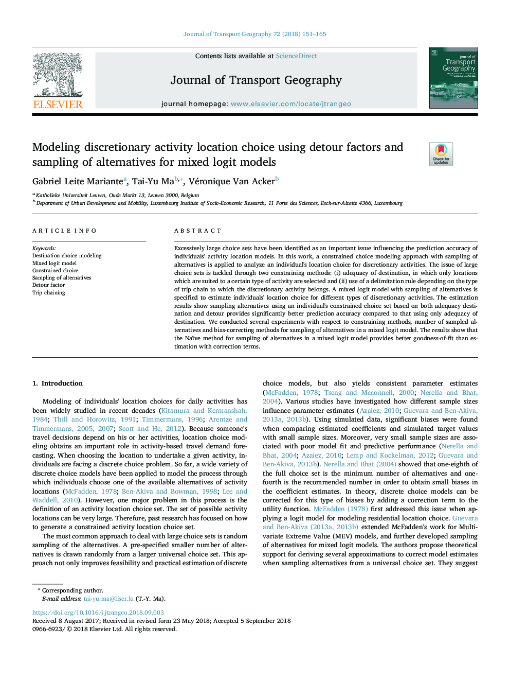 Modeling discretionary activity location choice using detour factors and sampling of alternatives for mixed logit models