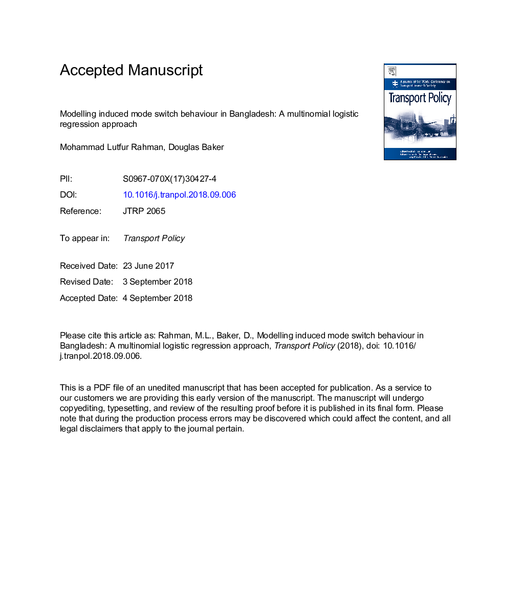 Modelling induced mode switch behaviour in Bangladesh: A multinomial logistic regression approach