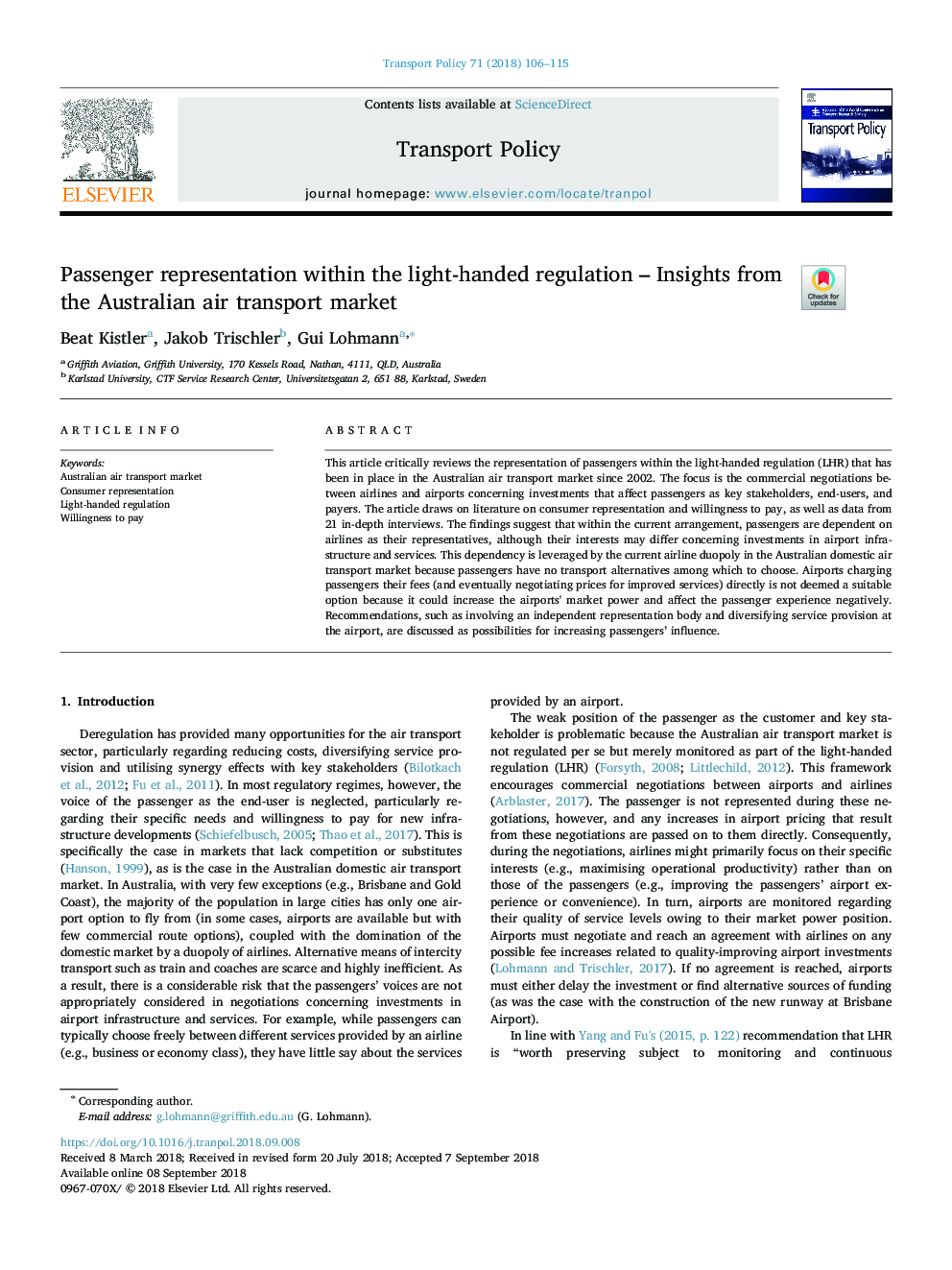 Passenger representation within the light-handed regulation - Insights from the Australian air transport market