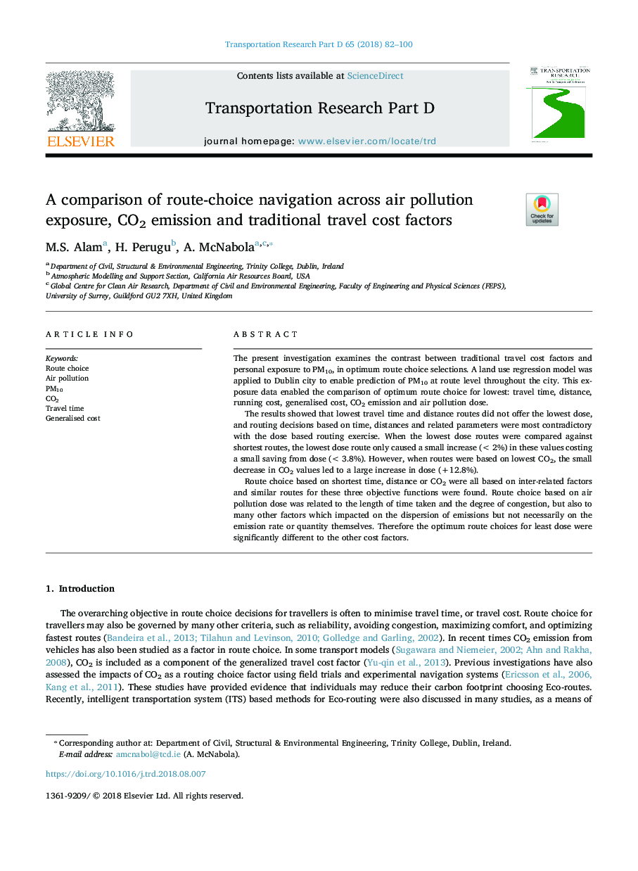 A comparison of route-choice navigation across air pollution exposure, CO2 emission and traditional travel cost factors