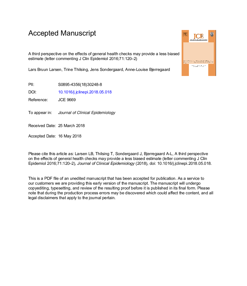 عکس صفحه اول مقاله: A third perspective on the effects of general health checks may provide a less biased estimate (letter commenting J Clin Epidemiol 2016;71:120-2) A third perspective on the effects of general health checks may provide a less biased estimate (letter commenting J Clin Epidemiol 2016;71:120-2)