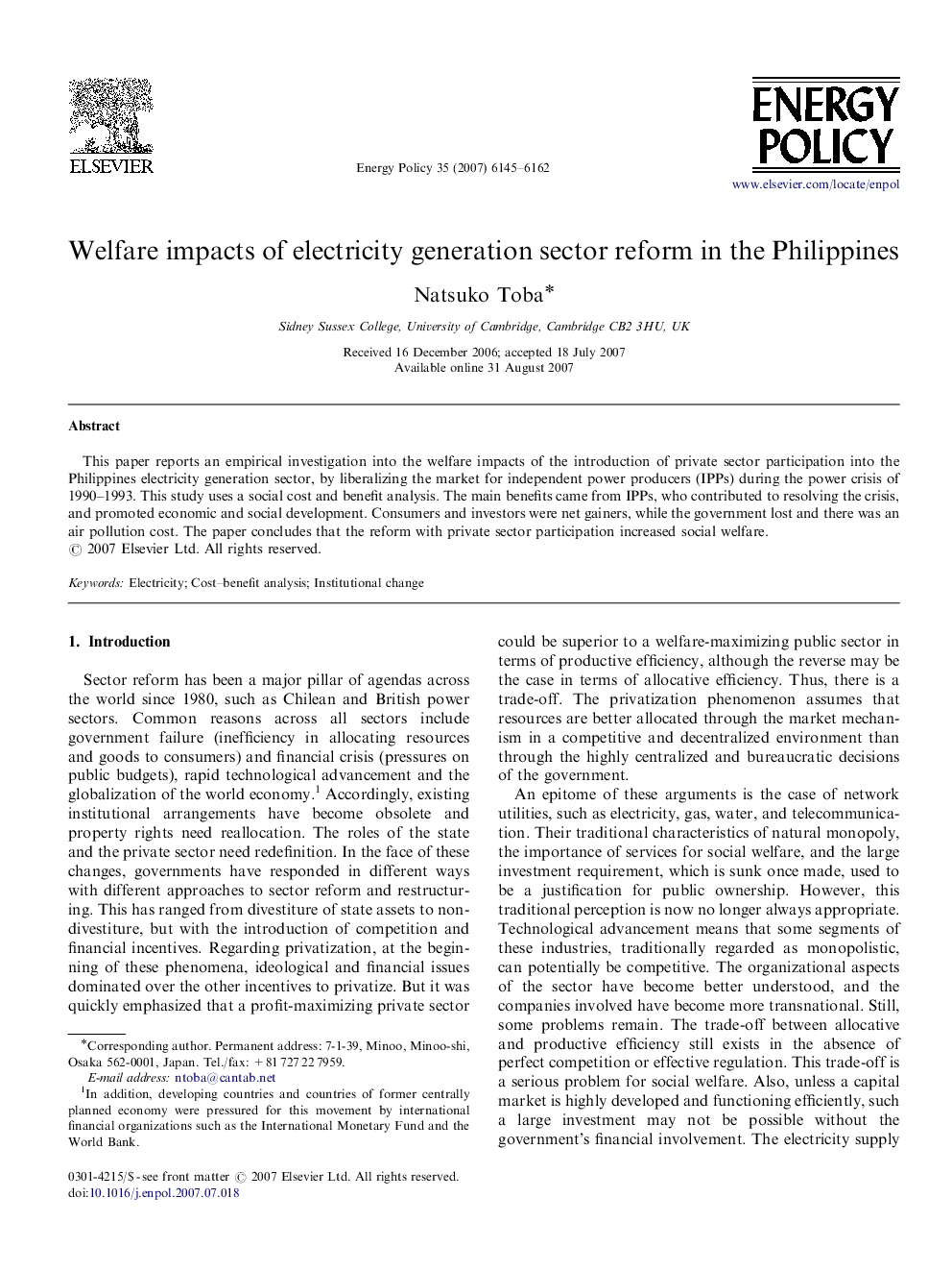 Welfare impacts of electricity generation sector reform in the Philippines