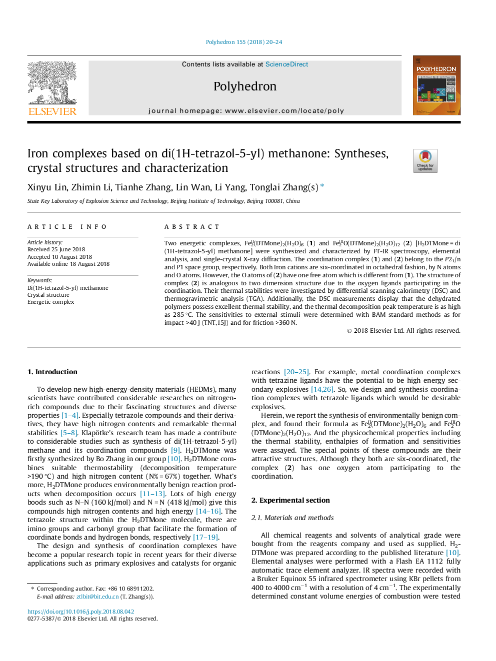 Iron complexes based on di(1H-tetrazol-5-yl) methanone: Syntheses, crystal structures and characterization