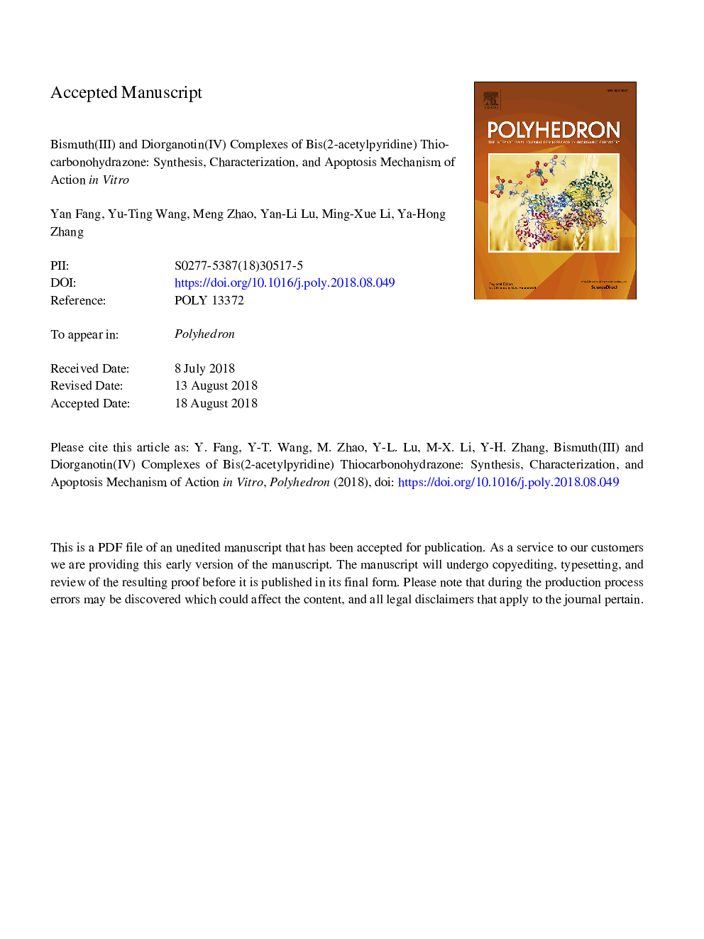 عکس صفحه اول مقاله: Bismuth(III) and diorganotin(IV) complexes of bis(2-acetylpyridine) thiocarbonohydrazone: Synthesis, characterization, and apoptosis mechanism of action in vitro Bismuth(III) and diorganotin(IV) complexes of bis(2-acetylpyridine) thiocarbonohydrazone: Synthesis, characterization, and apoptosis mechanism of action in vitro