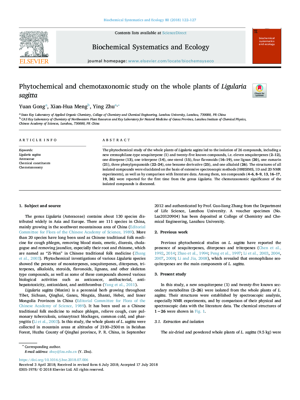 Phytochemical and chemotaxonomic study on the whole plants of Ligularia sagitta