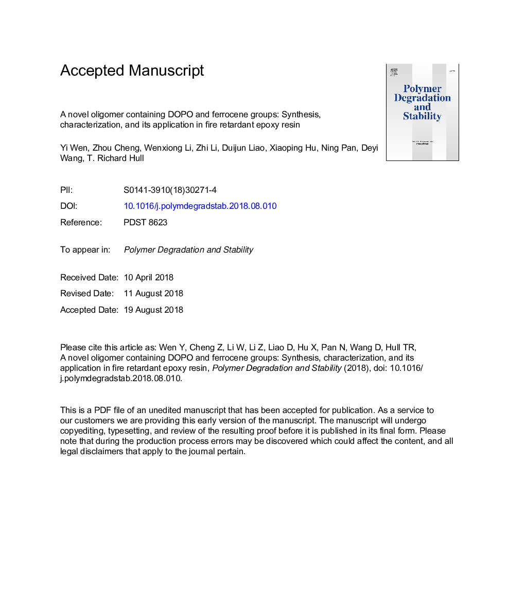 A novel oligomer containing DOPO and ferrocene groups: Synthesis, characterization, and its application in fire retardant epoxy resin