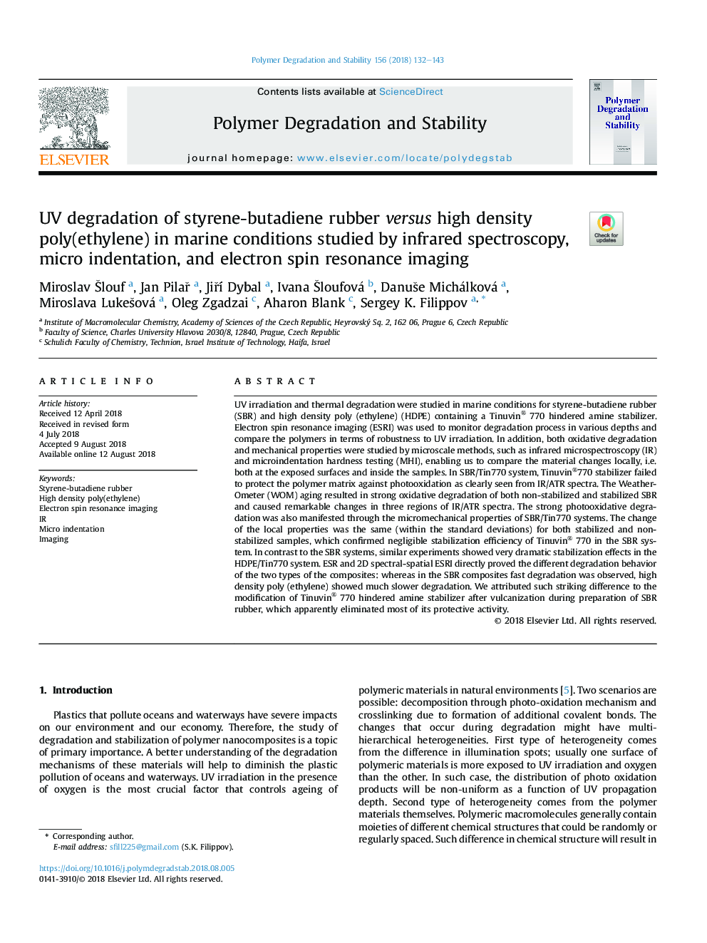 UV degradation of styrene-butadiene rubber versus high density poly(ethylene) in marine conditions studied by infrared spectroscopy, micro indentation, and electron spin resonance imaging