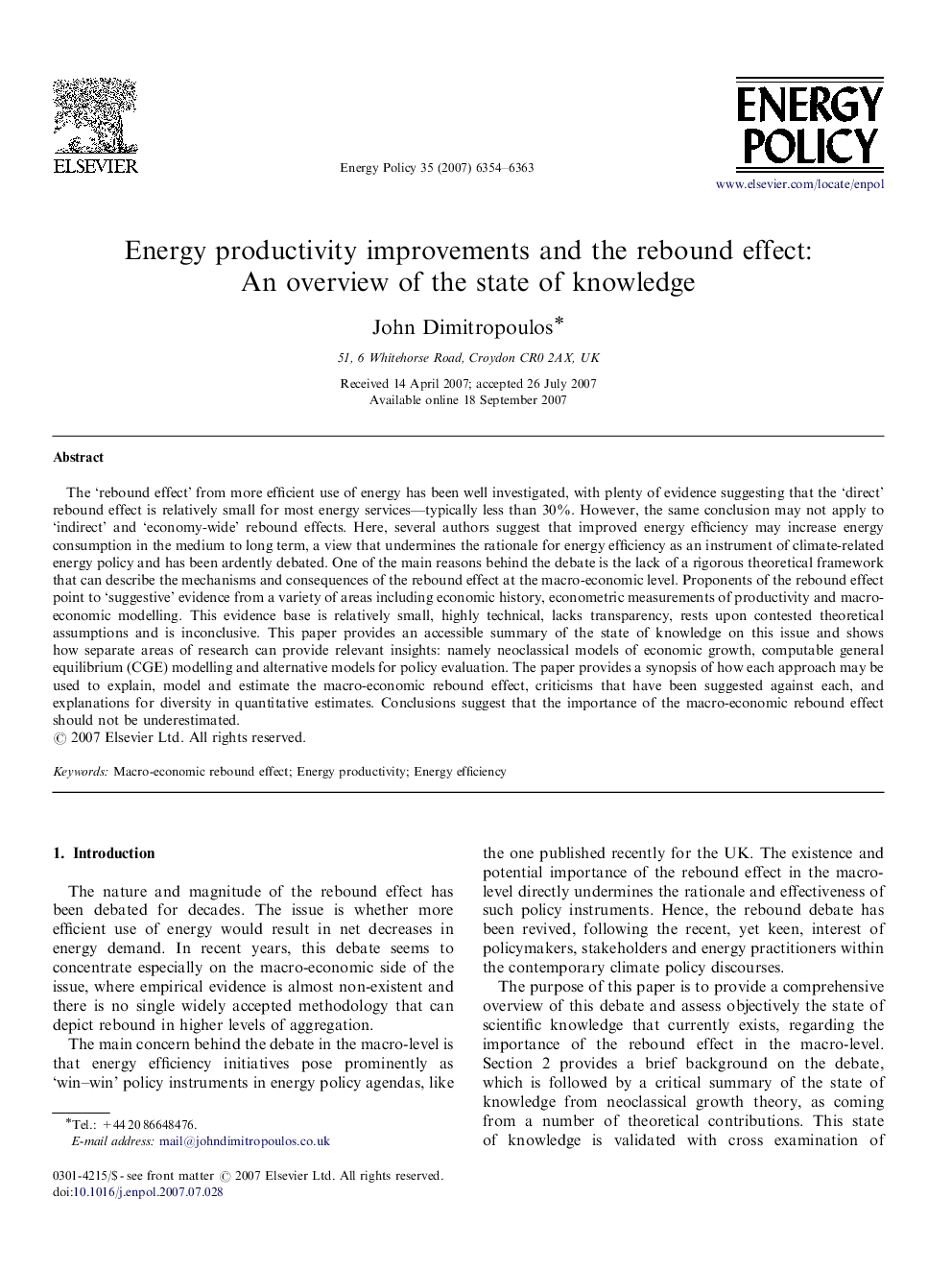 Energy productivity improvements and the rebound effect: An overview of the state of knowledge