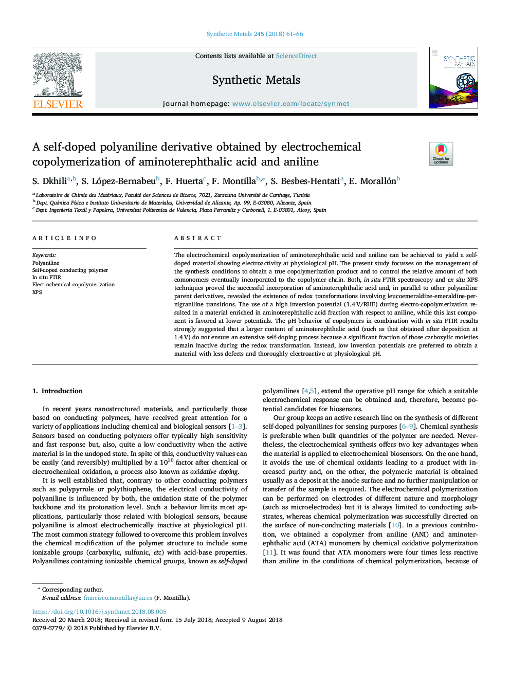 A self-doped polyaniline derivative obtained by electrochemical copolymerization of aminoterephthalic acid and aniline