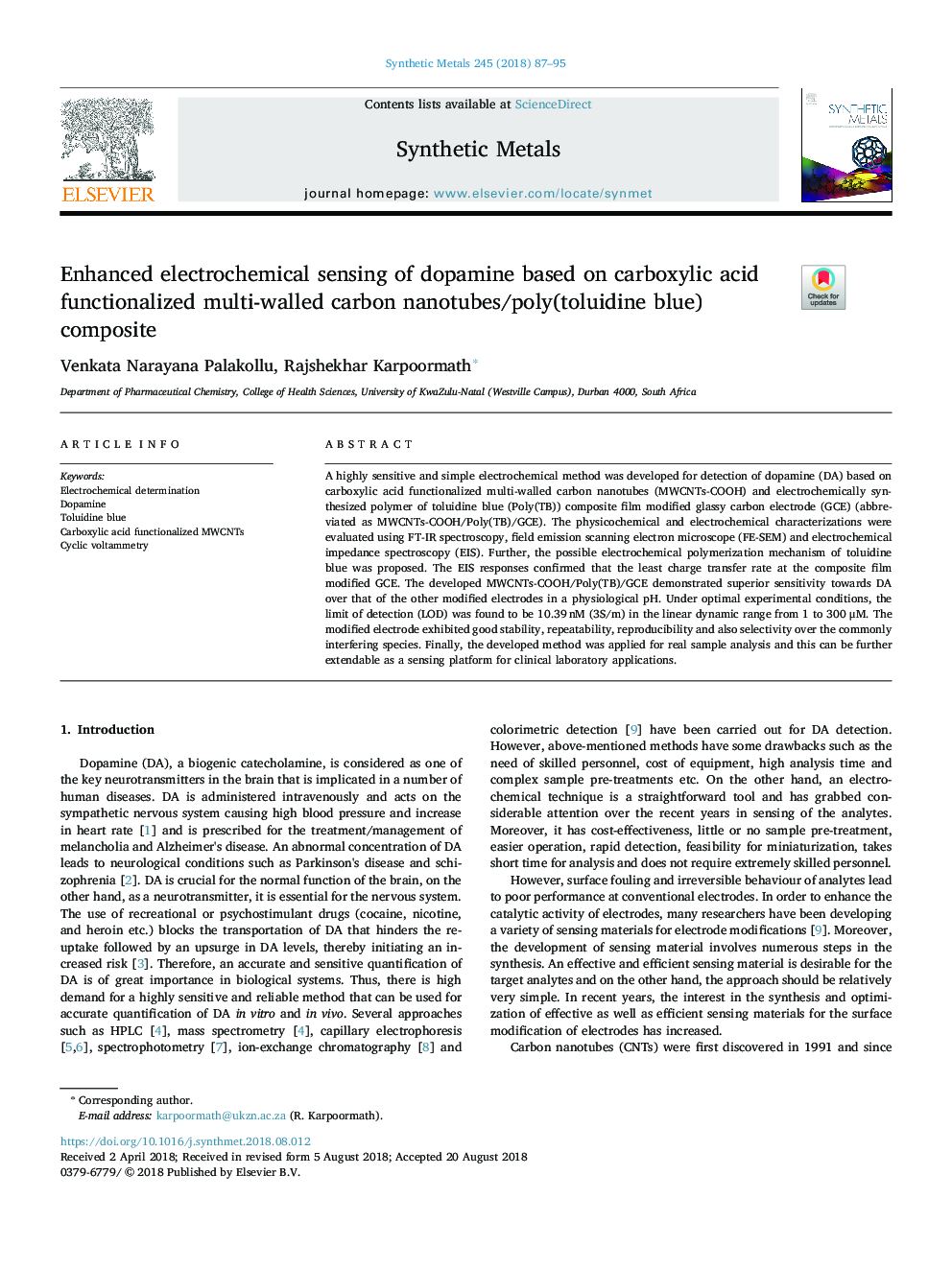 Enhanced electrochemical sensing of dopamine based on carboxylic acid functionalized multi-walled carbon nanotubes/poly(toluidine blue) composite