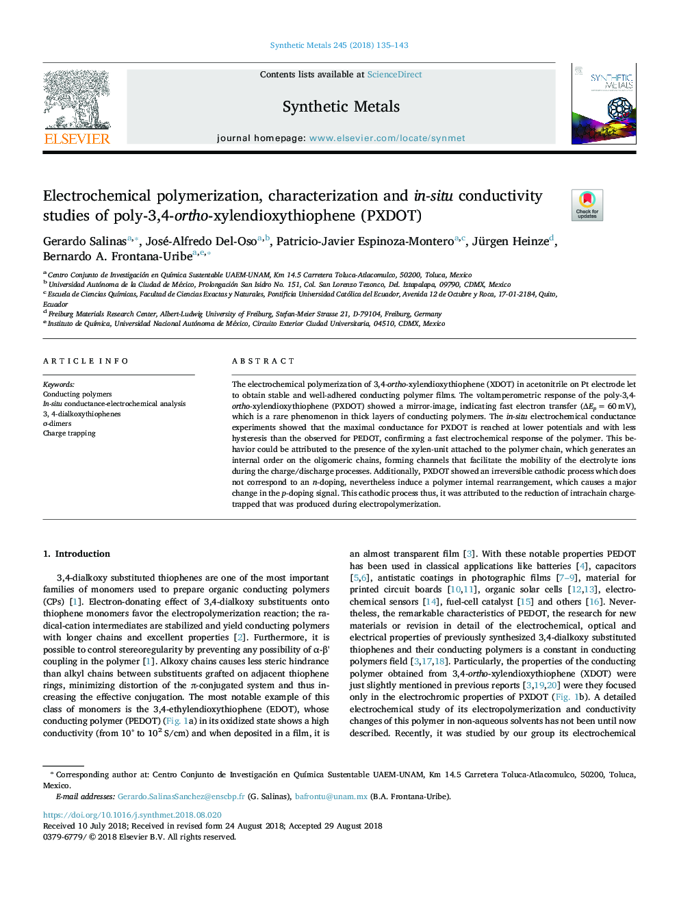 Electrochemical polymerization, characterization and in-situ conductivity studies of poly-3,4-ortho-xylendioxythiophene (PXDOT)