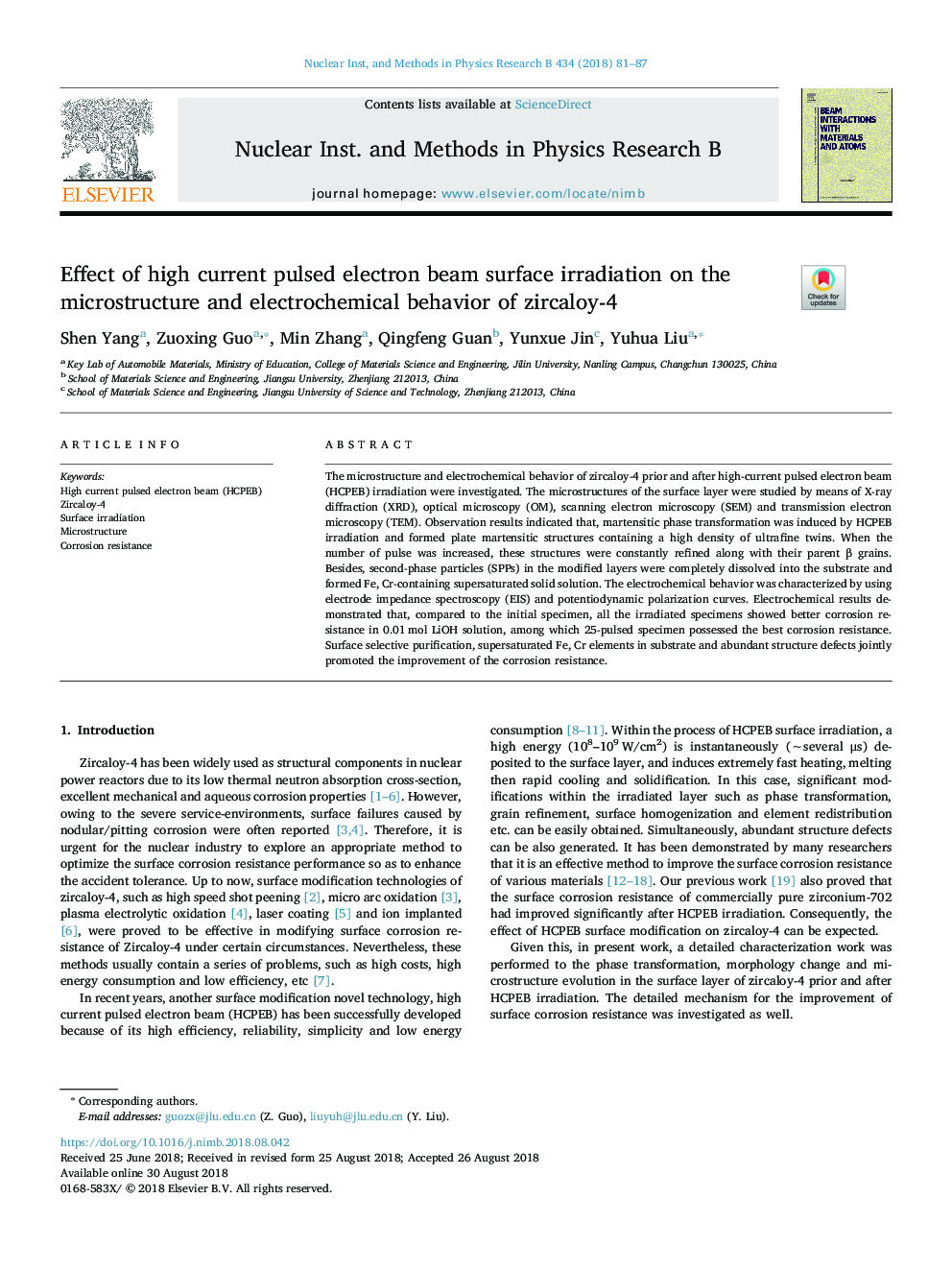 Effect of high current pulsed electron beam surface irradiation on the microstructure and electrochemical behavior of zircaloy-4