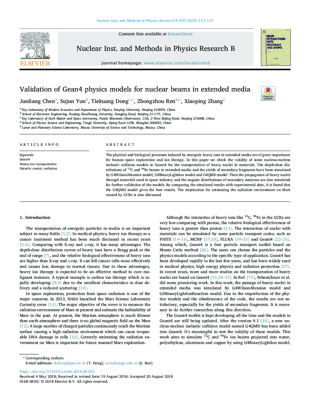 Validation of Gean4 physics models for nuclear beams in extended media