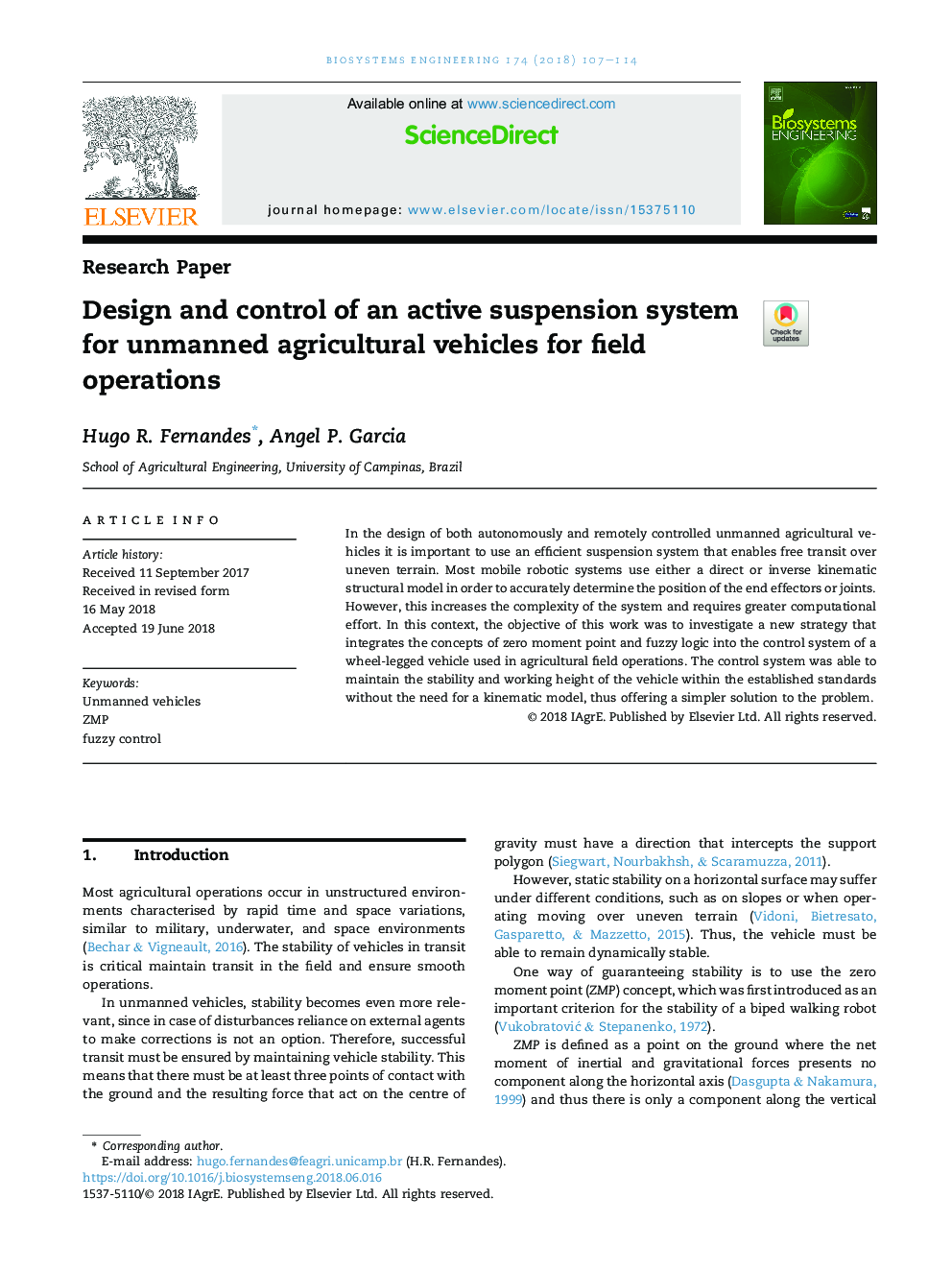 Design and control of an active suspension system for unmanned agricultural vehicles for field operations