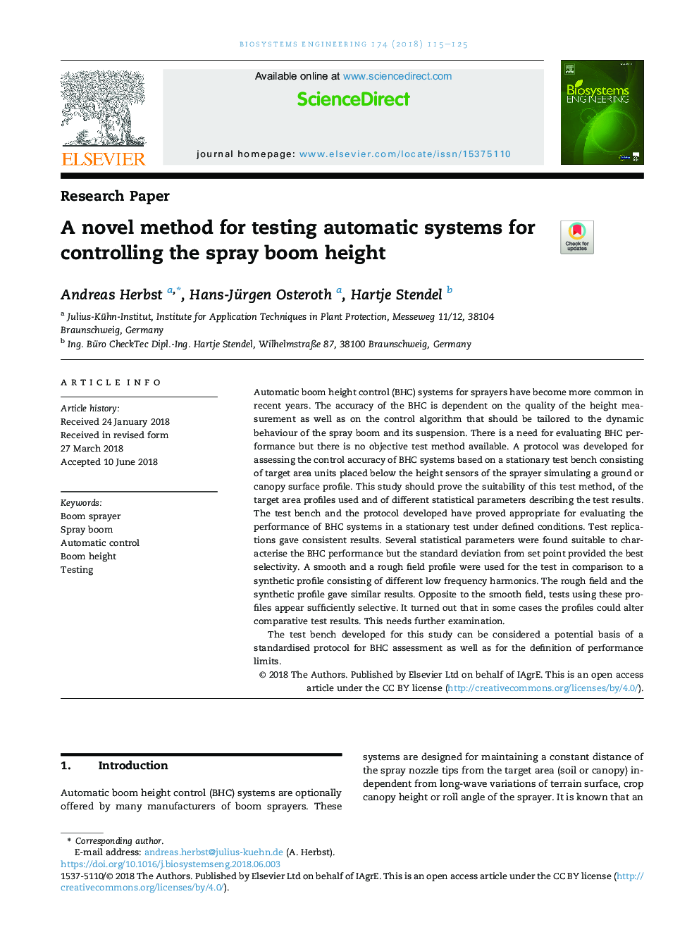 A novel method for testing automatic systems for controlling the spray boom height