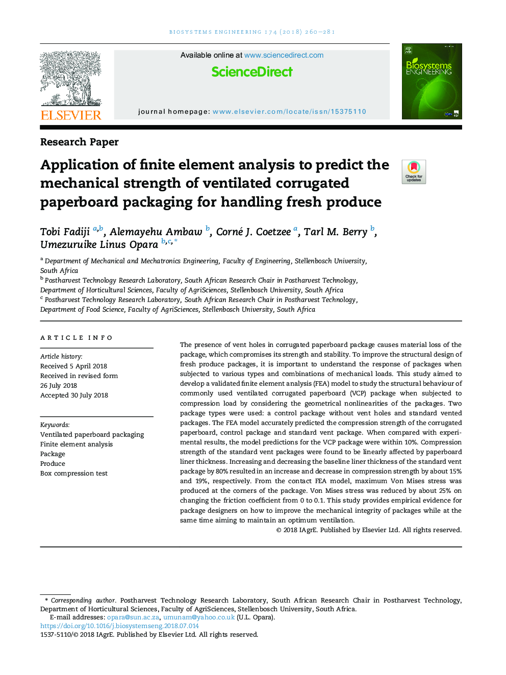 Application of finite element analysis to predict the mechanical strength of ventilated corrugated paperboard packaging for handling fresh produce