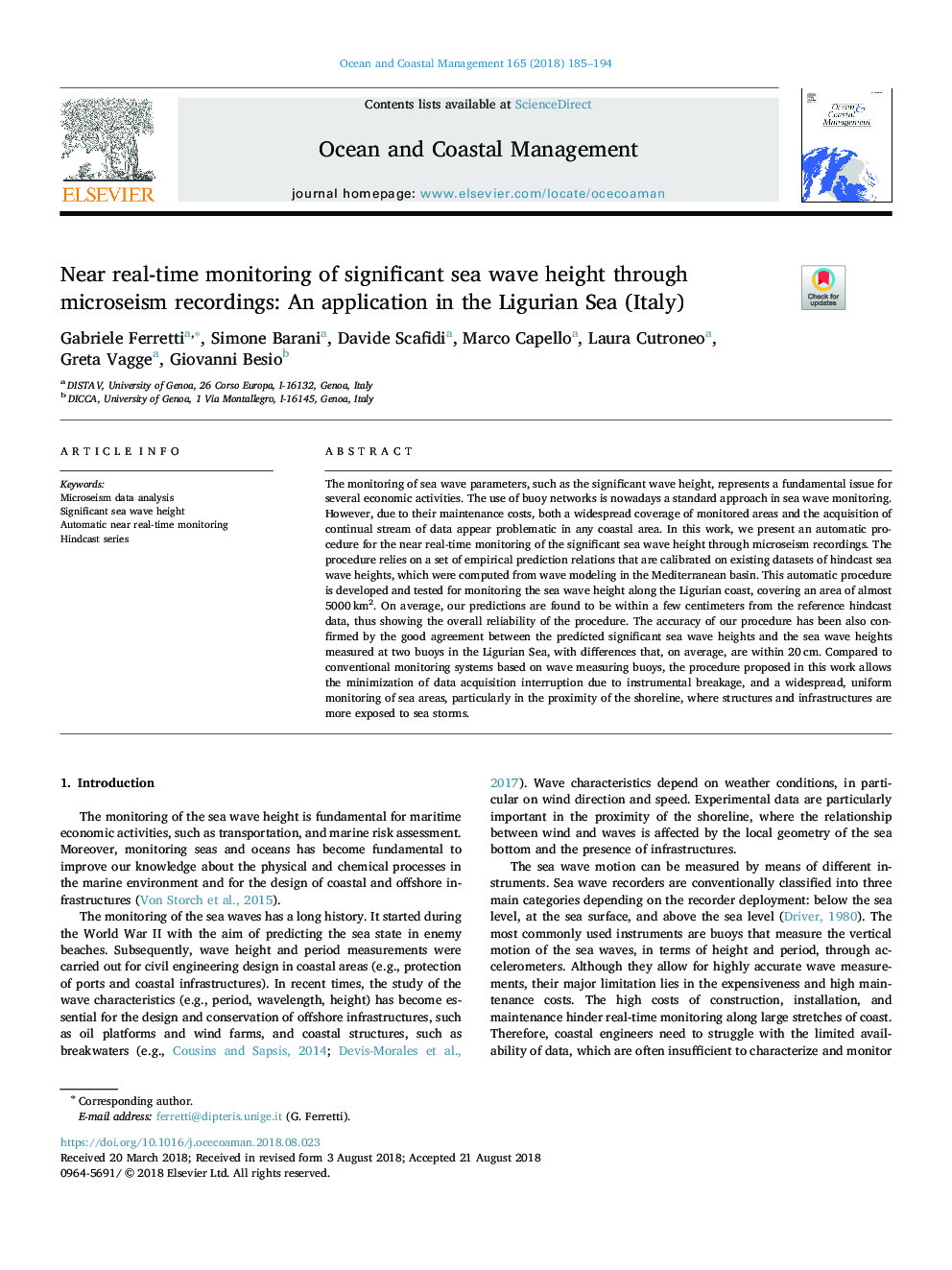 Near real-time monitoring of significant sea wave height through microseism recordings: An application in the Ligurian Sea (Italy)