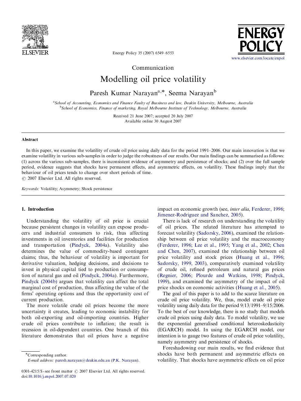 Modelling oil price volatility