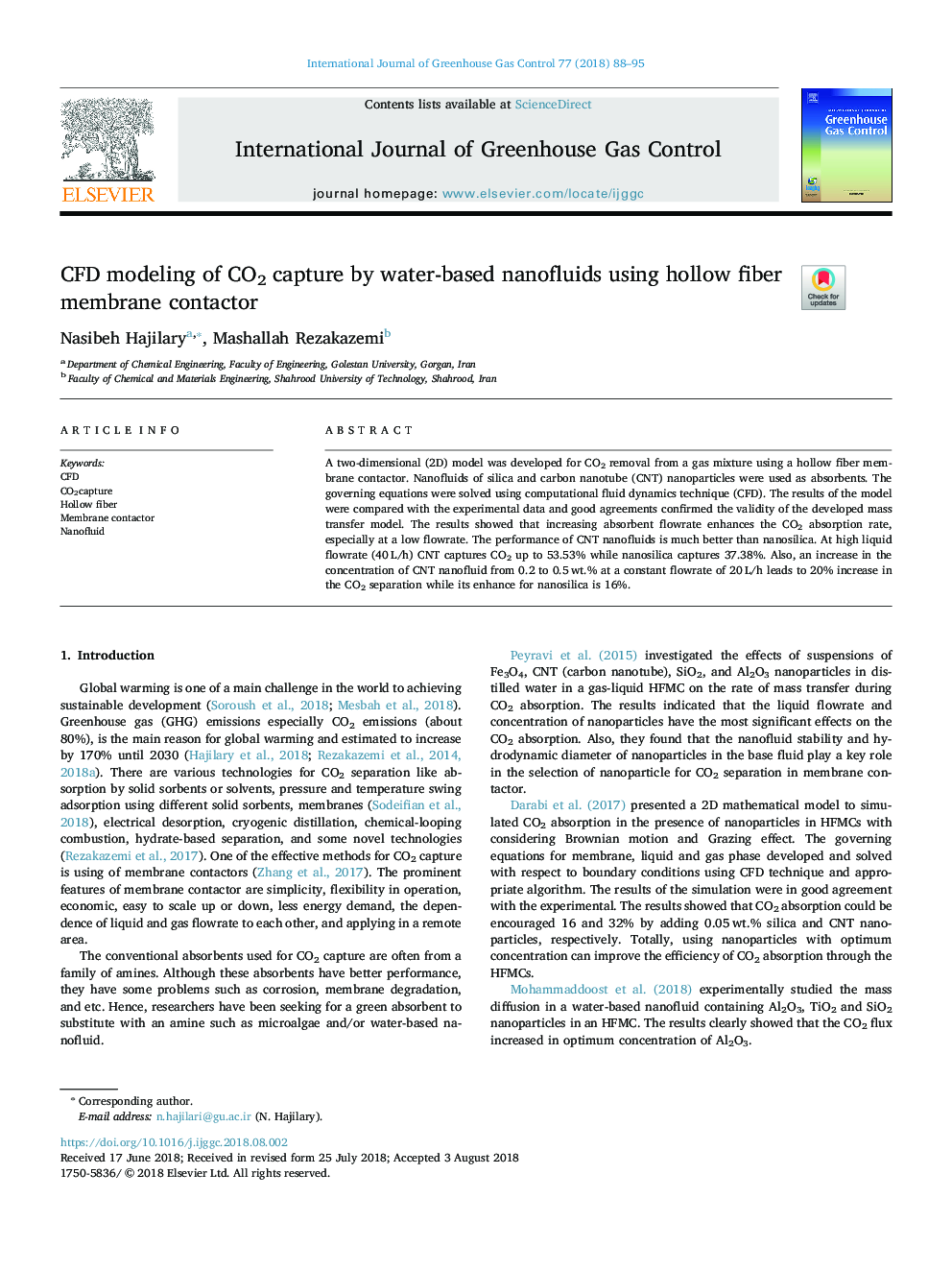 CFD modeling of CO2 capture by water-based nanofluids using hollow fiber membrane contactor