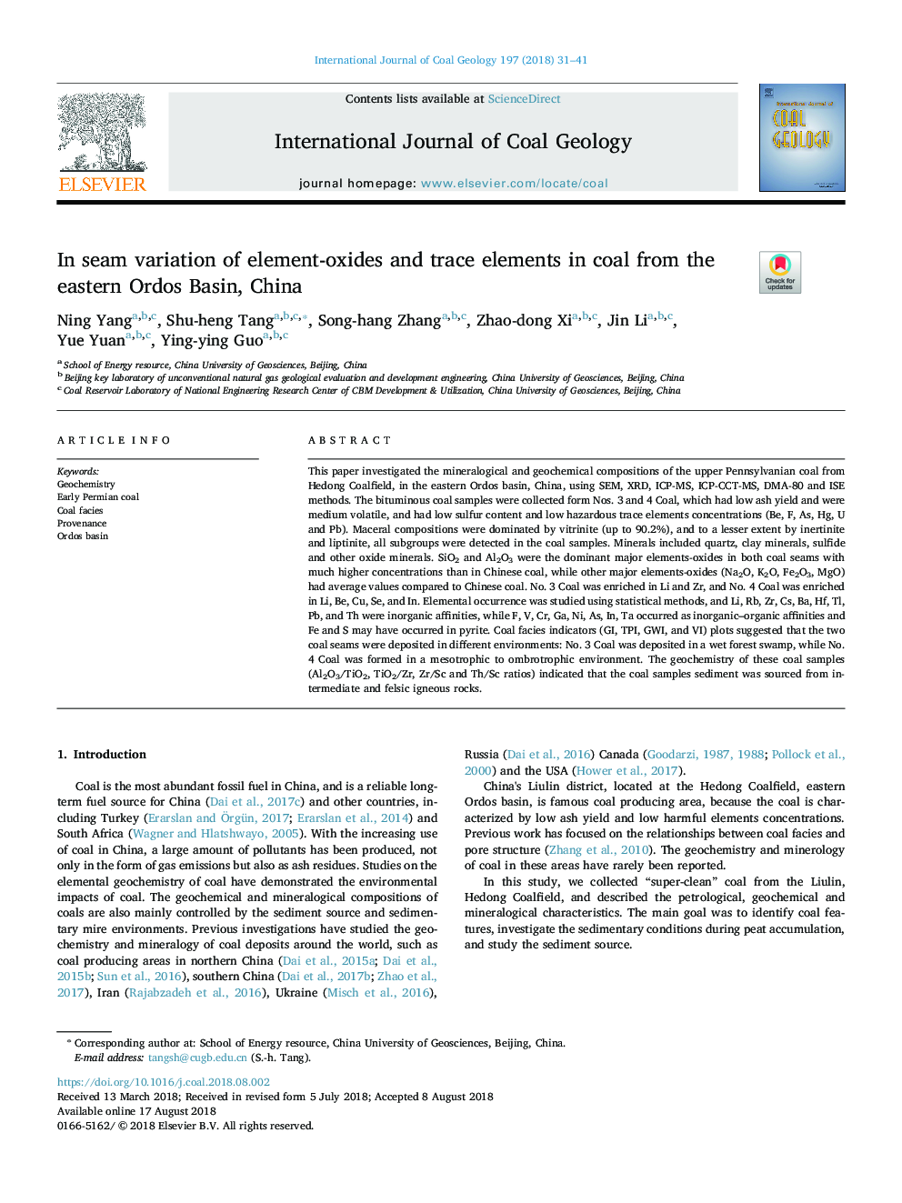 In seam variation of element-oxides and trace elements in coal from the eastern Ordos Basin, China