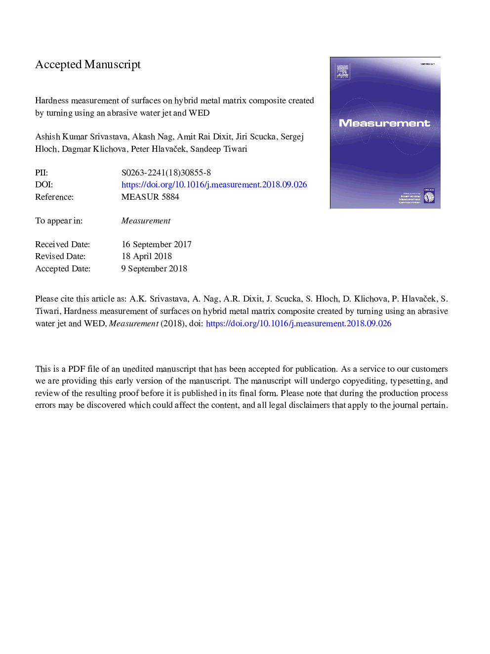 Hardness measurement of surfaces on hybrid metal matrix composite created by turning using an abrasive water jet and WED