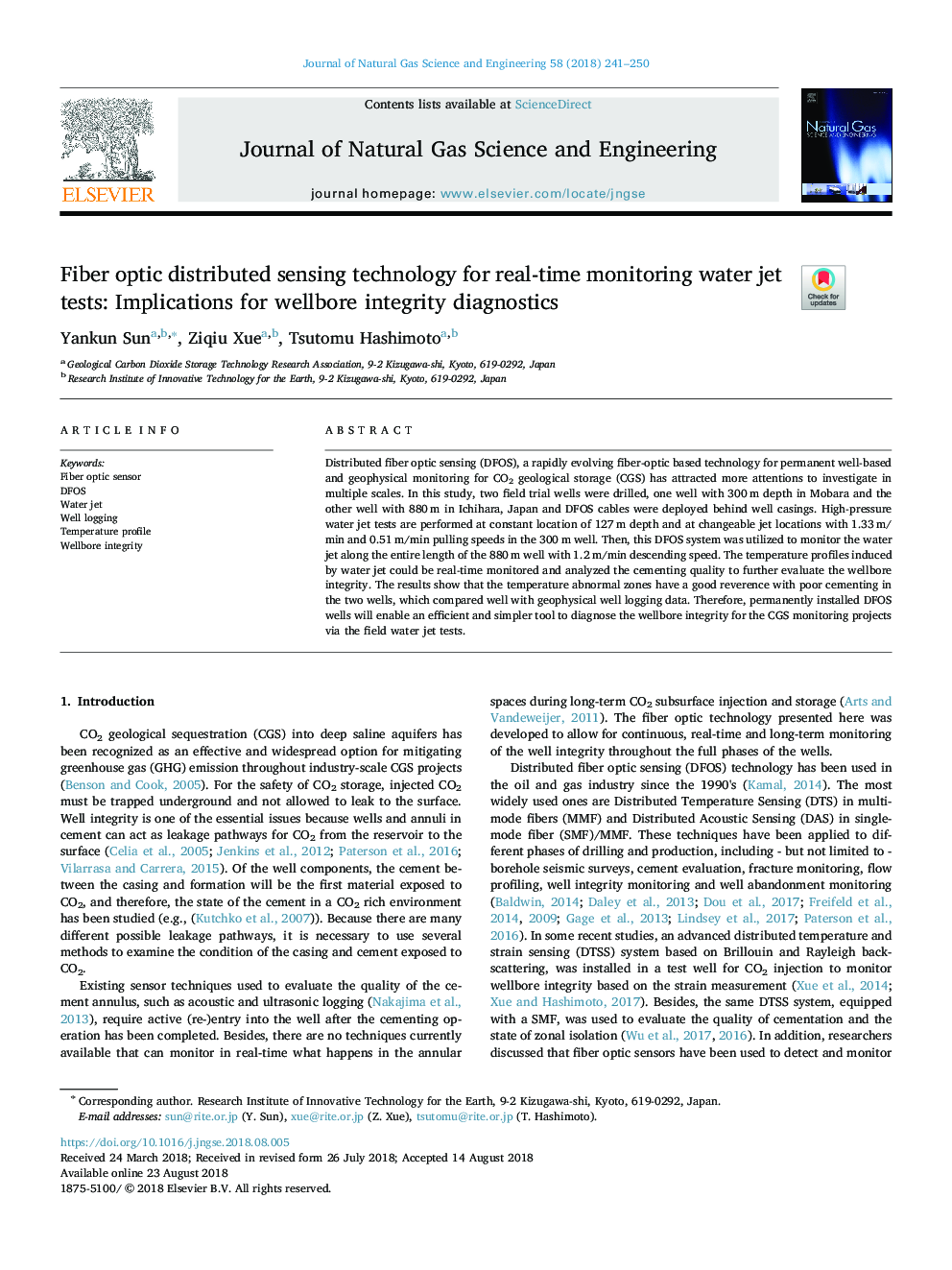 Fiber optic distributed sensing technology for real-time monitoring water jet tests: Implications for wellbore integrity diagnostics